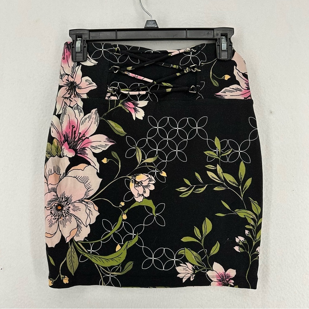 Guess Lace Up Floral Mini Pencil Skirt Small Black